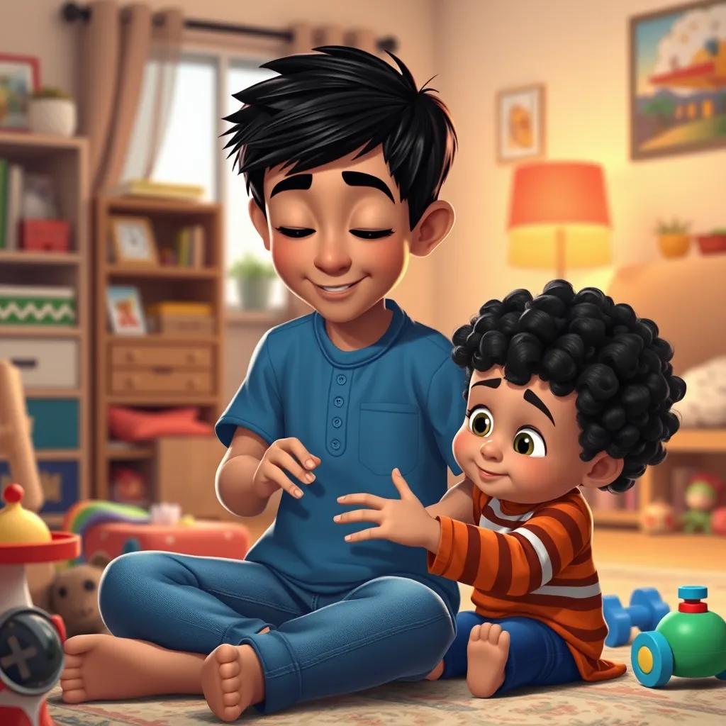 A young Arab boy, Ali, with short black hair, wearing a blue shirt and jeans, gently playing with his younger brother Sami, a toddler with curly black hair, in a cozy living room filled with toys and love, warm light, heartwarming