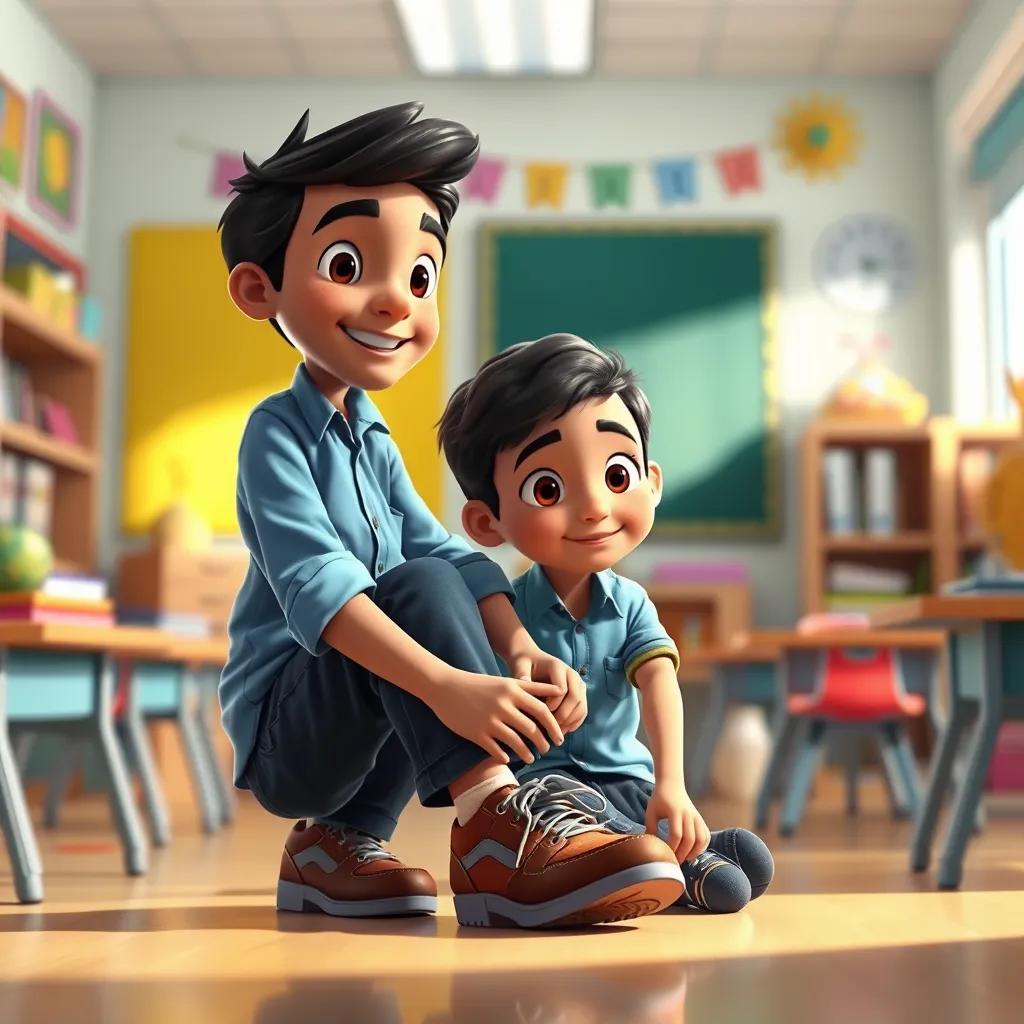 A young Arab boy, Ali, with short black hair, wearing a blue shirt and jeans, confidently helping his younger brother Sami, who is learning to tie shoes, in a bright classroom, colorful decorations, uplifting vibe, digital painting