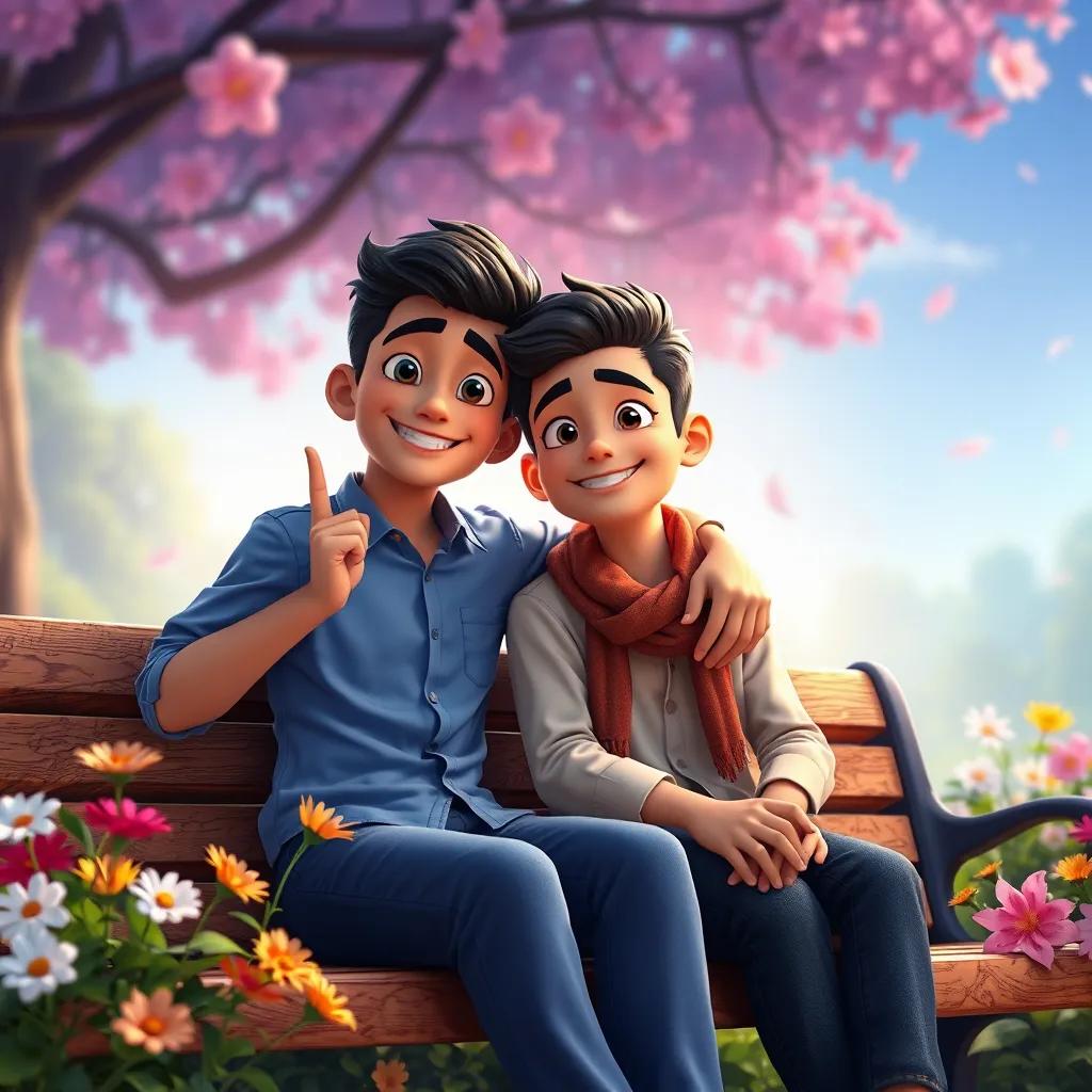 A young Arab boy, Ali, with short black hair, wearing a blue shirt and jeans, proudly sharing a moment with Sami, sitting together on a park bench surrounded by flowers, filled with a sense of achievement, vibrant colors, dreamlike atmosphere