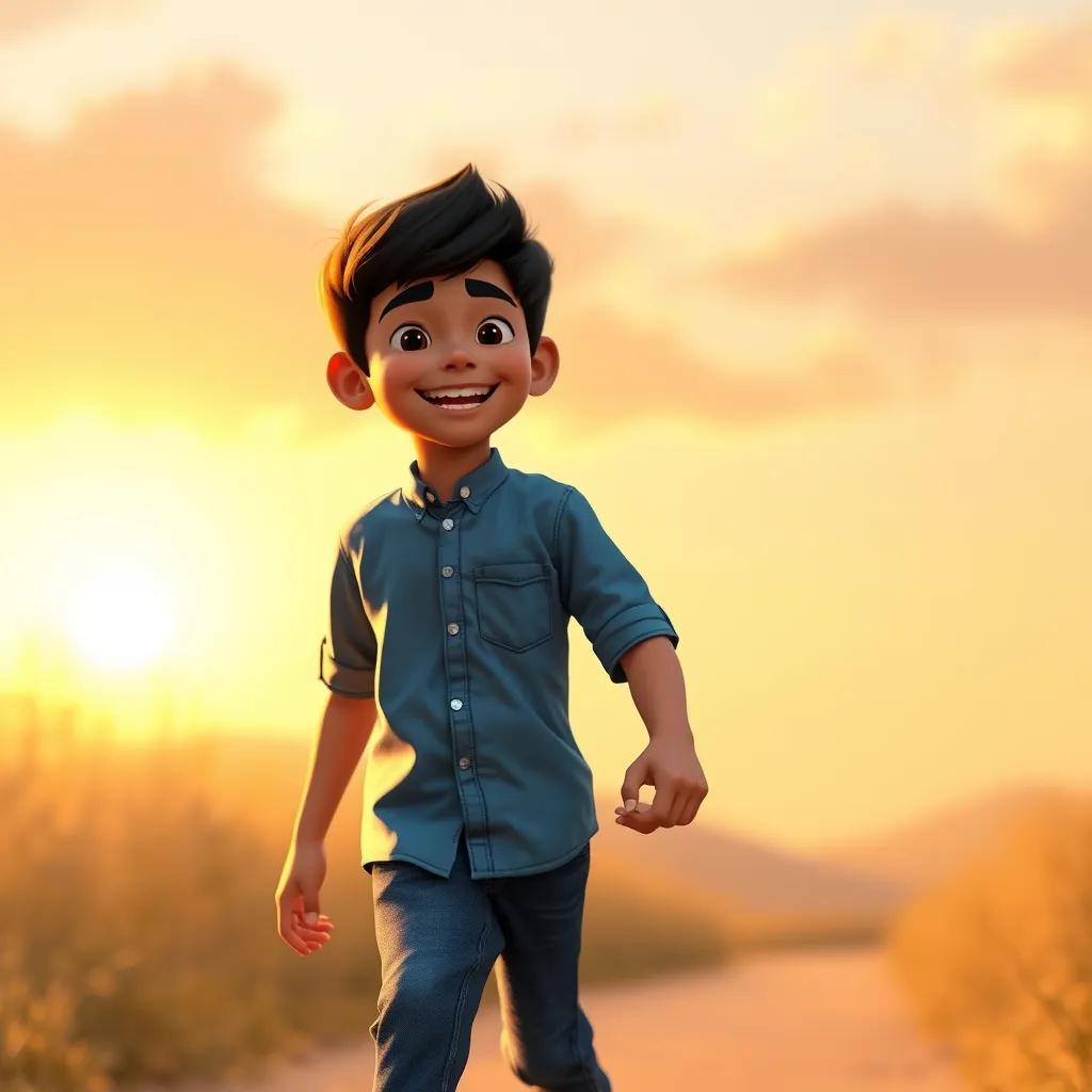 A young Arab boy, Ali, with short black hair, wearing a blue shirt and jeans, smiling with joy while holding hands with his younger brother Sami, walking together at sunset, creating a beautiful and warm memory, soft glow, magical light