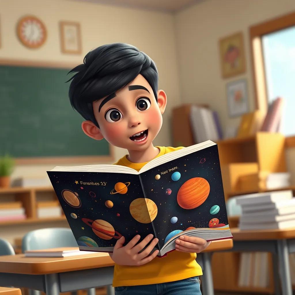 A young Arab boy, Ali, with short black hair, wearing a yellow t-shirt and jeans, reading a book about space with colorful pictures of planets and stars, excited and curious expression, classroom setting, cozy light, high quality