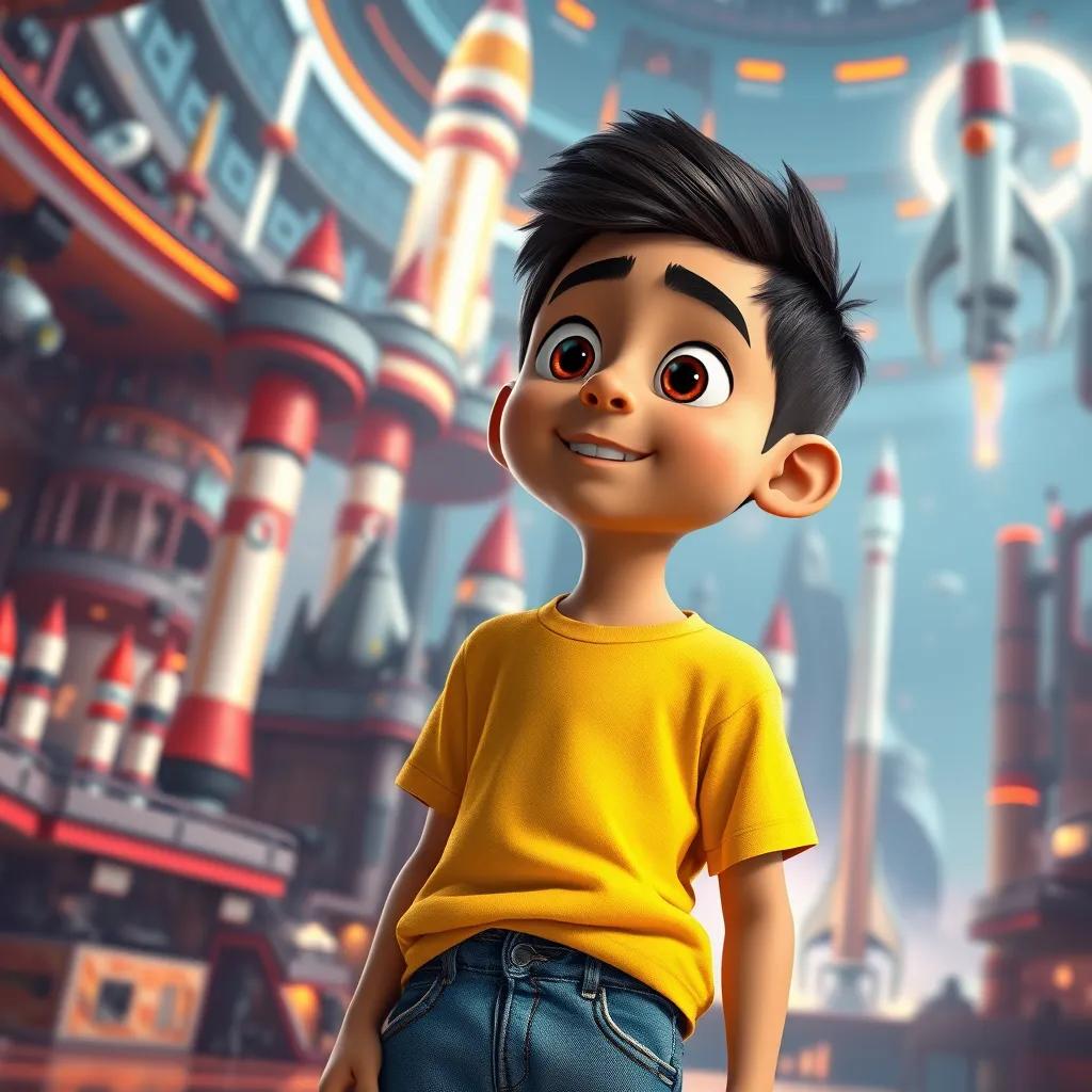 Ali, a young Arab boy, with short black hair, wearing a yellow t-shirt and jeans, standing in front of a futuristic space center filled with rockets and spacecraft, looking amazed, vibrant colors, adventure-themed, high quality