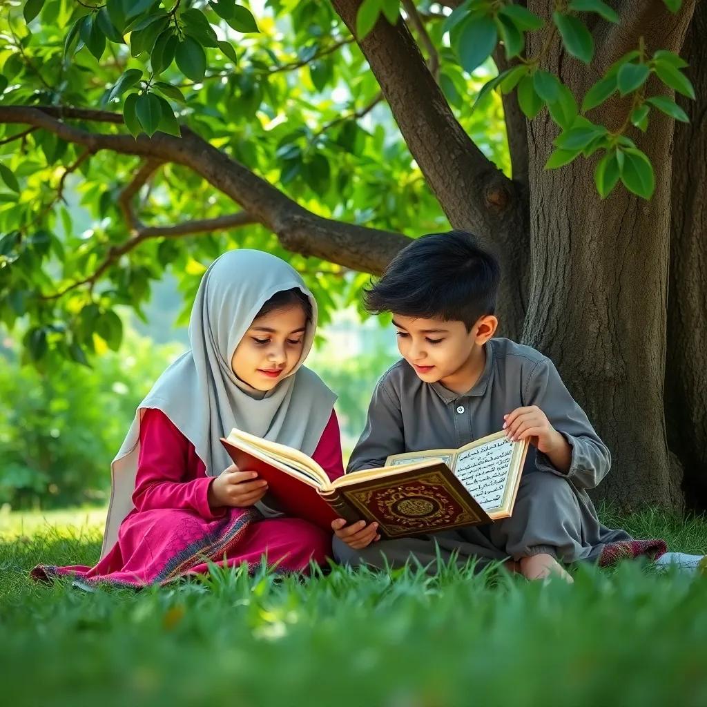 Two kids, Reema and Ahmed, reading a book together under a tree, with a scroll of Quran verses nearby, vibrant greenery, peaceful environment, high quality
