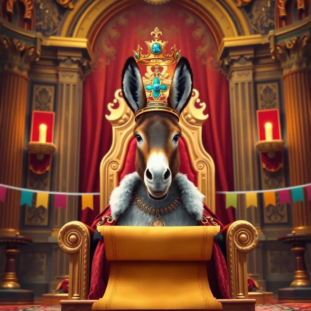 A wise king, a donkey wearing a royal crown, sitting on a grand throne in an ornate palace, with a scroll in front, colorful banners around, digital art, vibrant colors, majestic atmosphere, high-quality