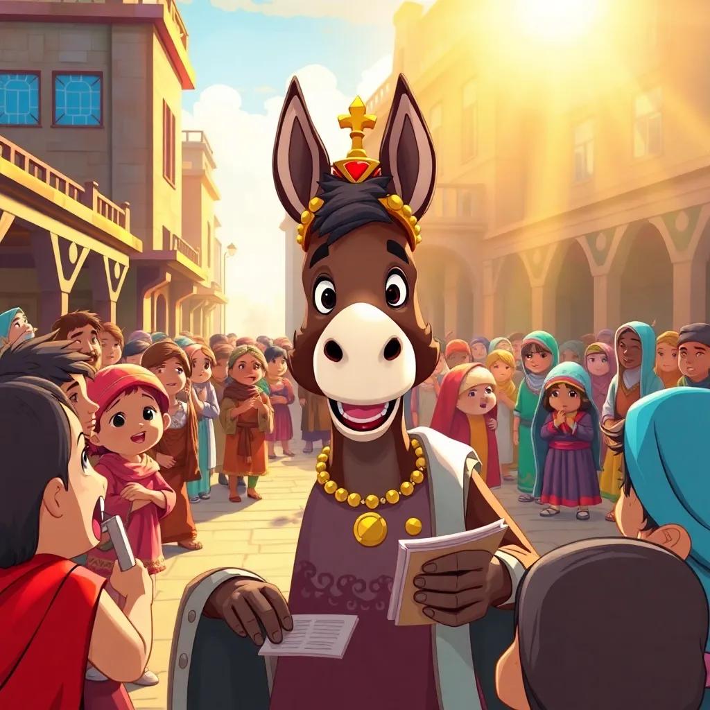 A donkey king confidently solving riddles in a public square, surrounded by amazed villagers, sunlight casting warm rays, child-friendly illustration, cheerful and colorful, engaging perspective, high detail