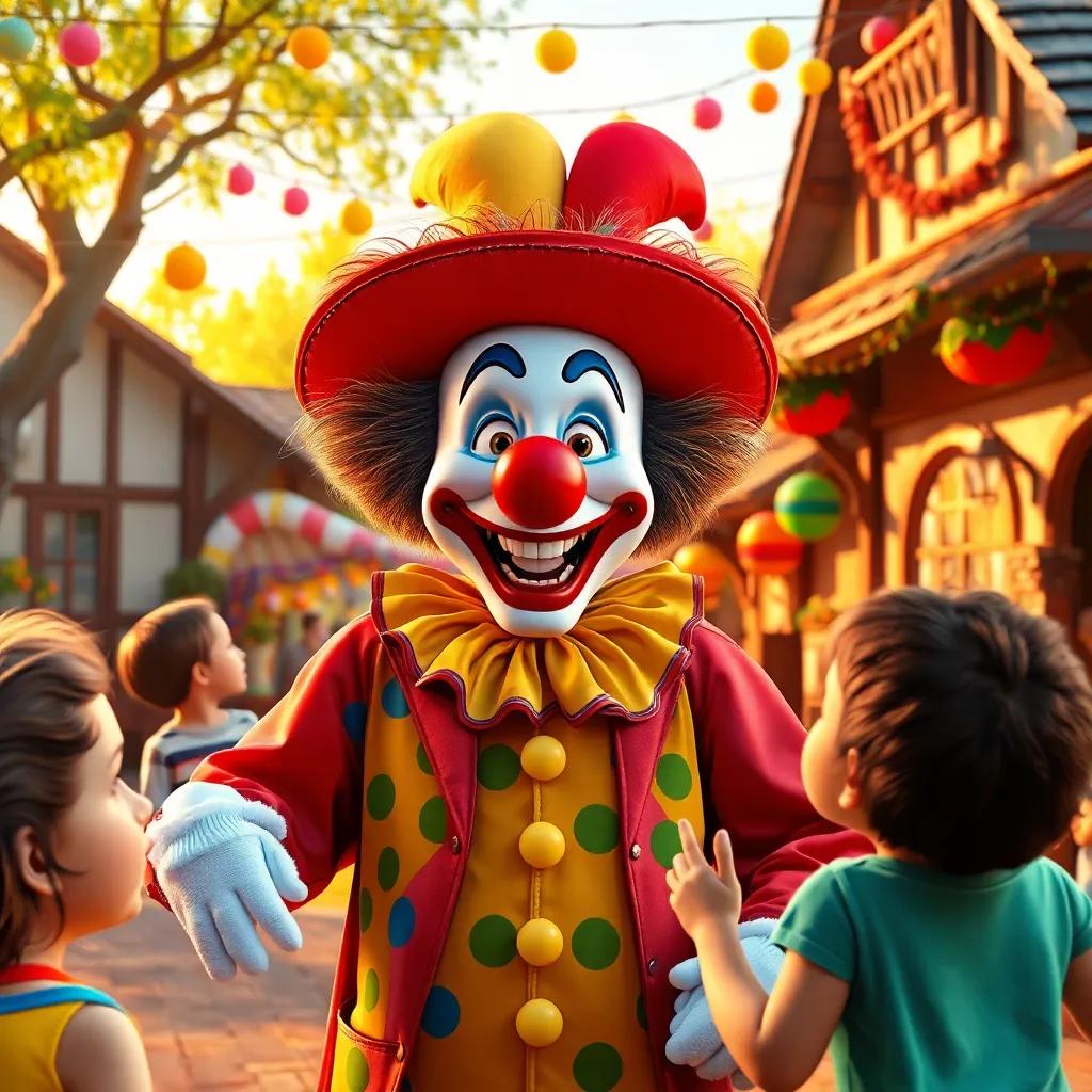 A clown named Farfour, wearing a big colorful hat and colorful clothes, joyfully engaging with children in a small village park, cheerful ambiance, colorful decorations, warm sunlight, high quality