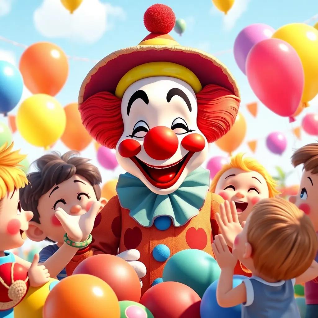 Farfour the clown, surrounded by colorful toys like balls and balloons, smiling at children who are clapping and laughing, vibrant summer day, joyful expressions, detailed illustration, child-friendly