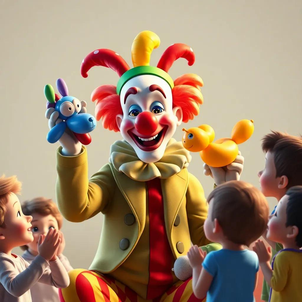 Farfour the clown, illustrating his skills by making balloon animals, children clapping and laughing, bright colors, playful atmosphere, capturing the joy of the moment, high quality