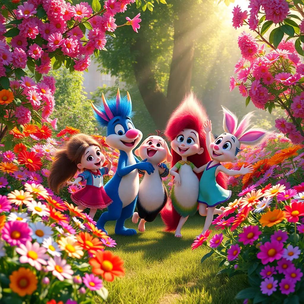 A vibrant garden filled with colorful flowers blooming around Farfour and friends dancing joyfully, sunlight filtering through the leaves, cheerful and lively, warm colors, heartwarming scene