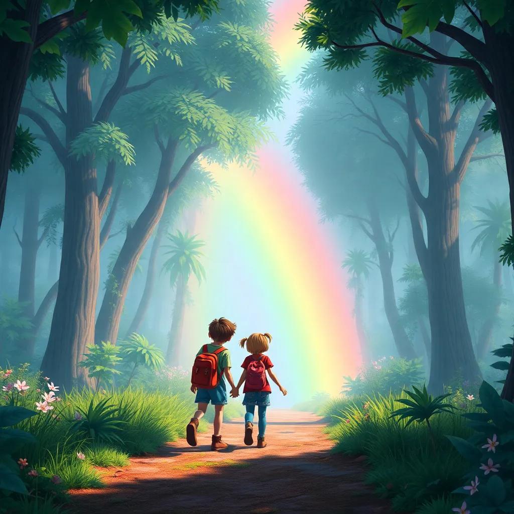 The trio discovering a large rainbow at the end of the forest path, filled with excitement and wonder, colorful and magical, capturing the essence of adventure, detailed and high quality
