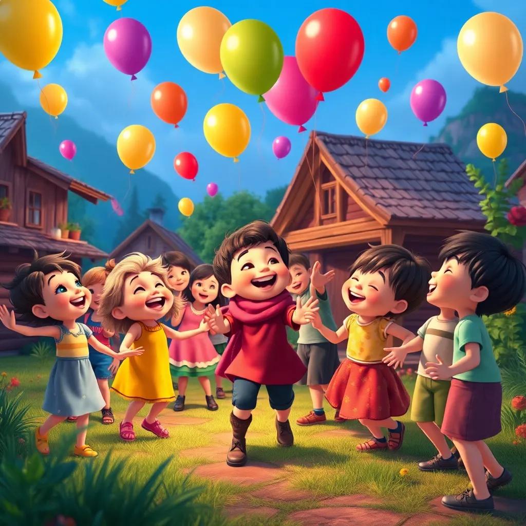 Children in the village joyfully laughing and dancing with Farfour and his friends, balloons flying in the air, festive atmosphere, colorful and heartwarming, high quality