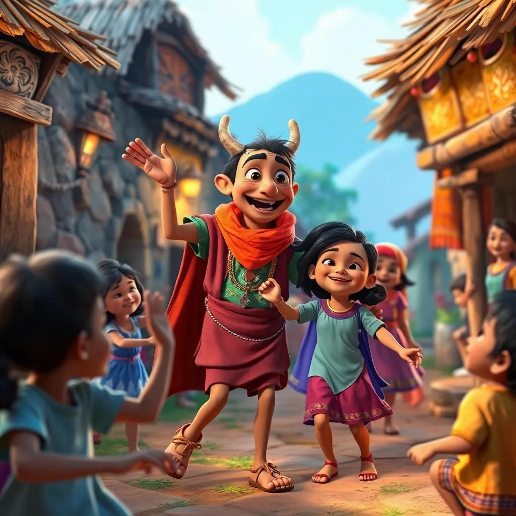 Farfour, now a beloved figure, playing and dancing with children in the village, smiles all around, a scene filled with warmth and happiness, lively colors, richly detailed. 