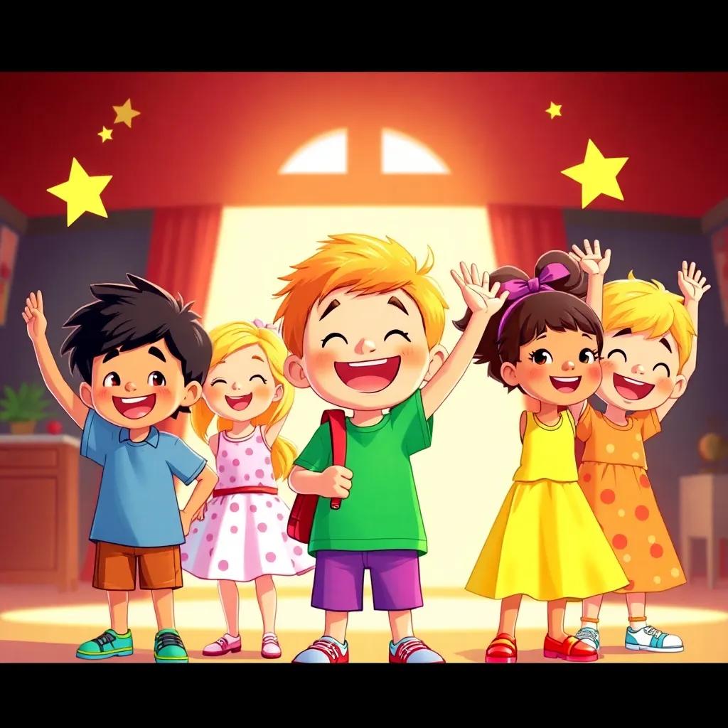 A group of happy children, each showcasing their unique talents, vibrant and colorful scene, illustration, bright daylight, cheerful ambiance, high quality