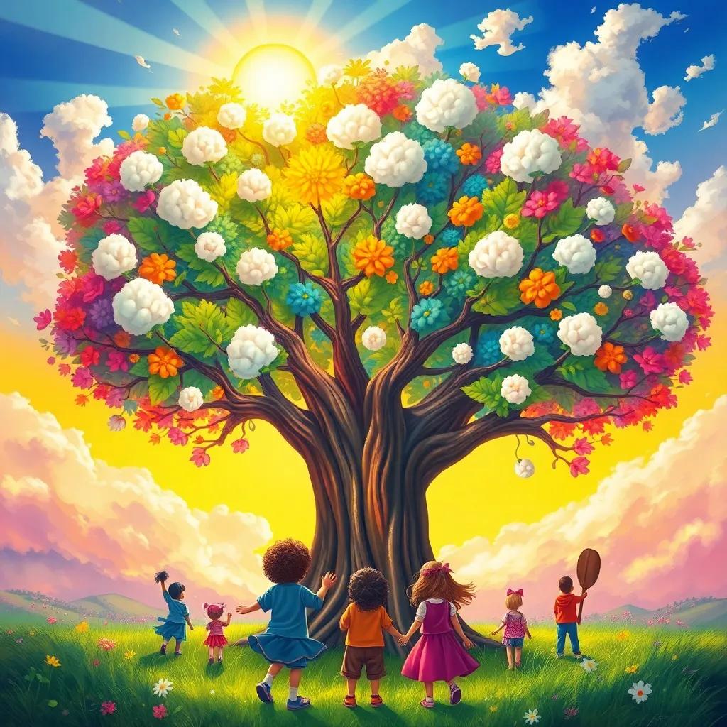 Yasmin painting a large colorful tree with cotton clouds and a shining sun, surrounded by amazed children, digital art, vivid colors, inspiring creativity, high quality