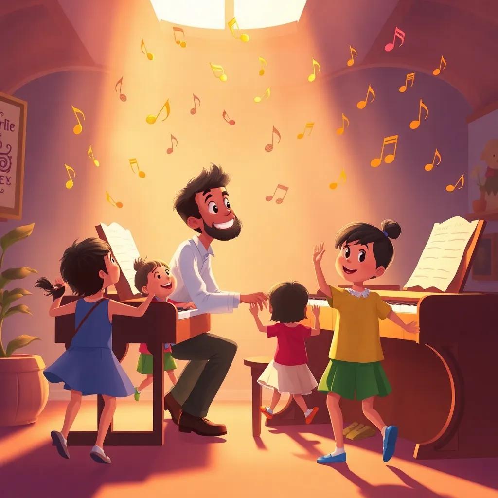 Ayman playing piano with musical notes dancing around him, children joyfully dancing, warm sunlight illuminating the scene, illustration, lively atmosphere, high quality