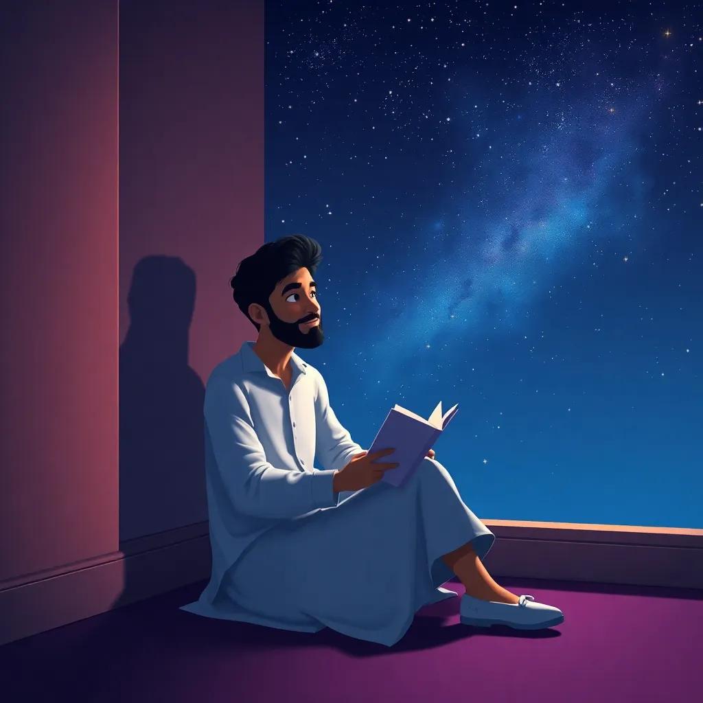 Walid sitting quietly in a corner writing poetry, surrounded by stars and a night sky, looking thoughtful and inspired, digital art, serene colors, reflective mood, high quality