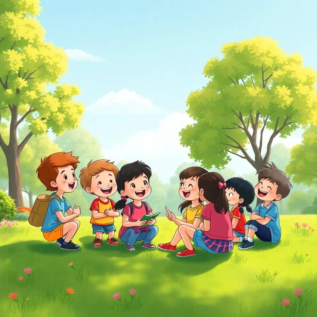 Children gathered in a park sharing ideas, laughter and creativity in the air, illustration, sunny day, playful atmosphere, high quality