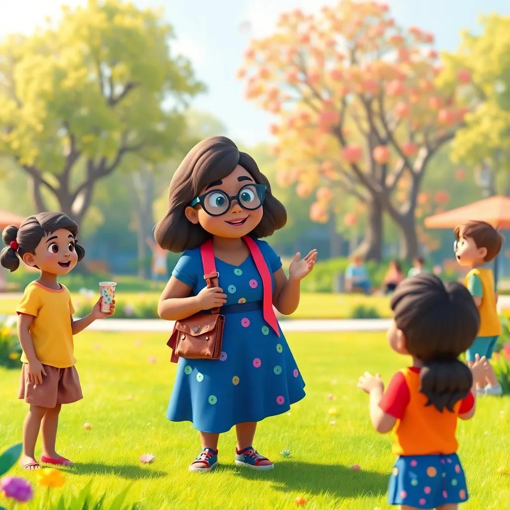 Aart teacher amazed by children's talents in a vibrant park, encouraging them to showcase, bright colors, welcoming environment, digital art, uplifting theme, high quality