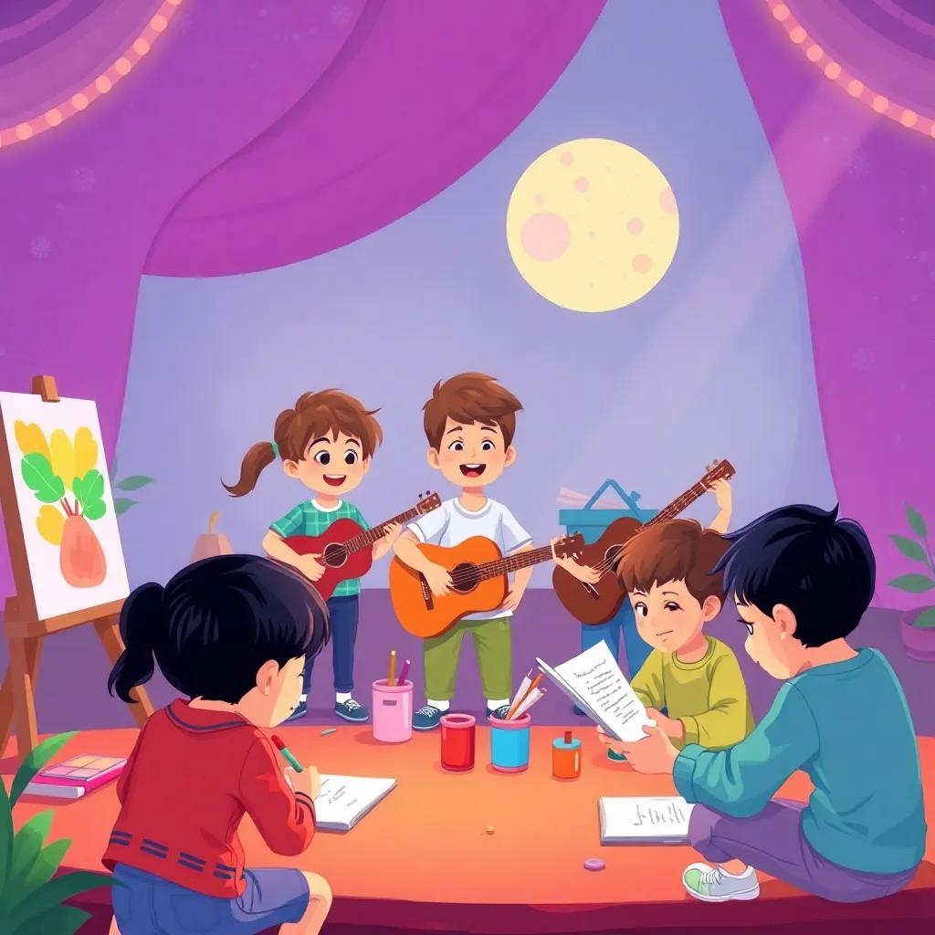 Children preparing for a big show, painting, playing music, writing poems together, joyful teamwork, illustration, lively colors, energetic setting, high quality