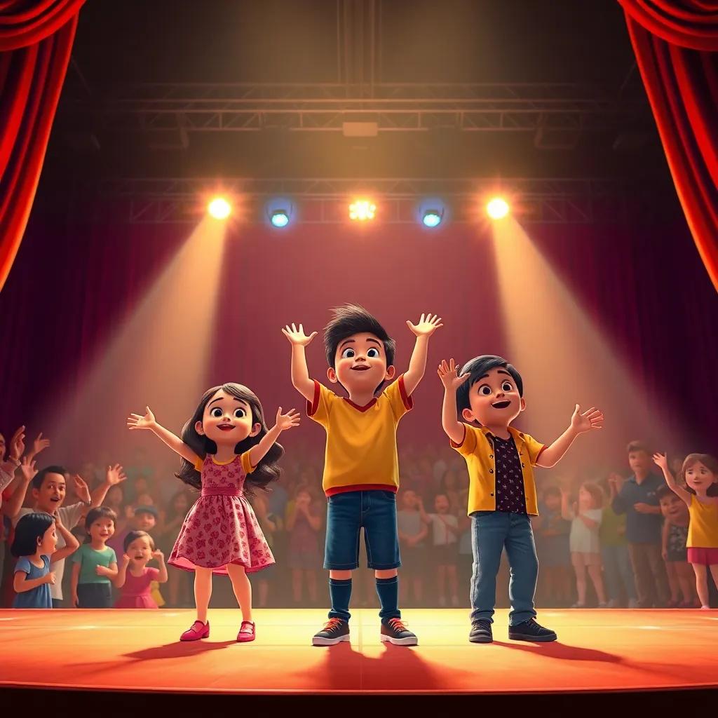 A big stage with children showcasing their talents, Yasmin, Ayman, and Walid performing to a cheering crowd, bright lights, festive mood, digital art, celebratory atmosphere, high quality