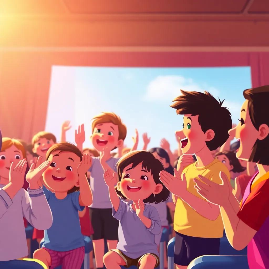Audience clapping and cheering for children after their performance, joyful expressions everywhere, illustration, bright daylight, warm and inviting, high quality