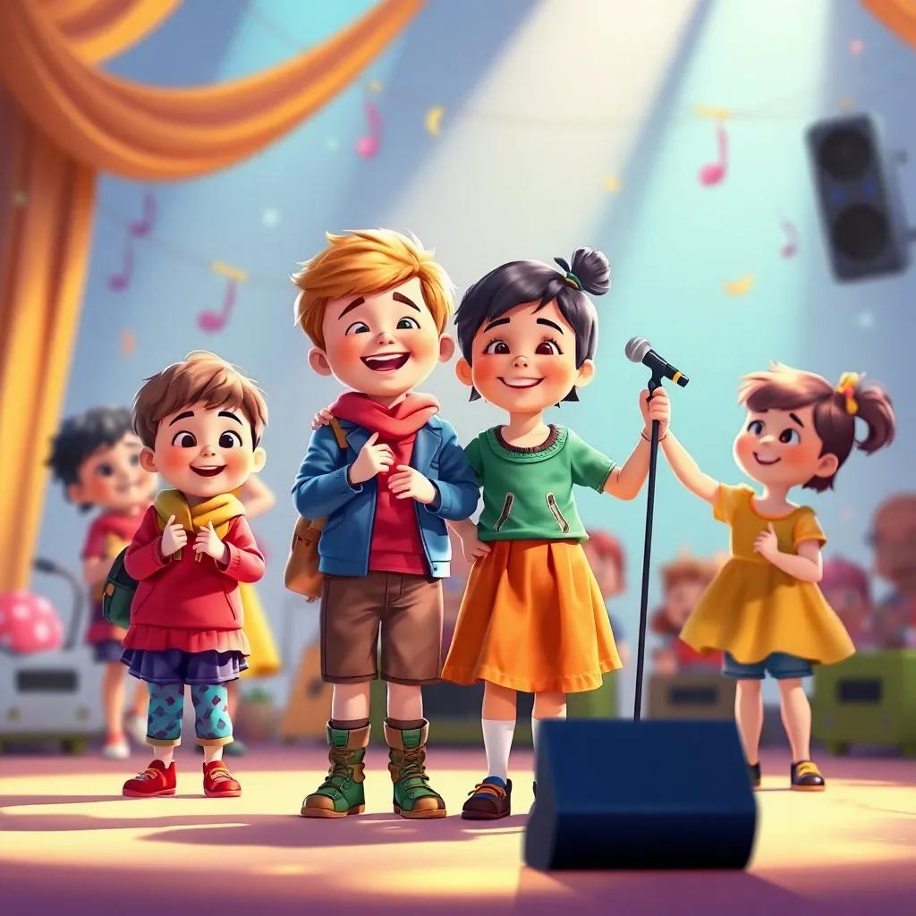 Children continuing to perform and share their talents, bonded together with friendship, colorful and harmonious scene, digital art, vibrant colors, optimistic feeling, high quality