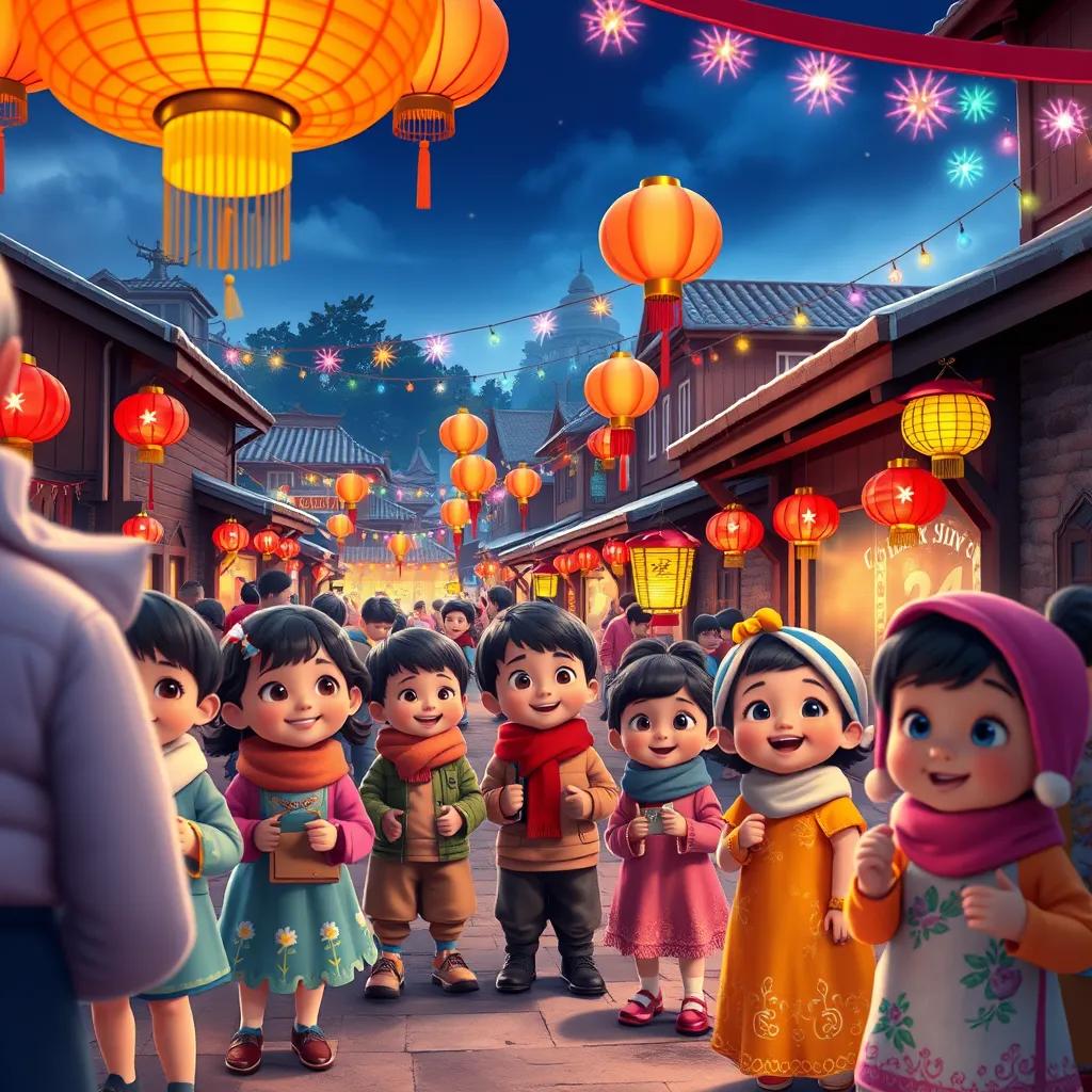 A festive celebration scene in a small town, children wearing new clothes, decorative lanterns and colorful lights everywhere, joyful atmosphere, happy children, detailed digital art, bright colors, uplifting mood, high quality