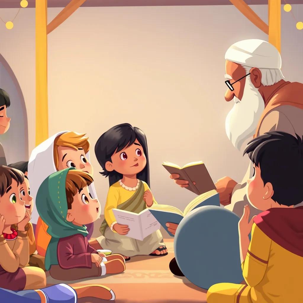 Children and families gathered at the celebration, listening to stories about the life of the Prophet Muhammad, attentively looking at an elder telling stories, warm and inviting environment, illustration, cheerful, child-friendly