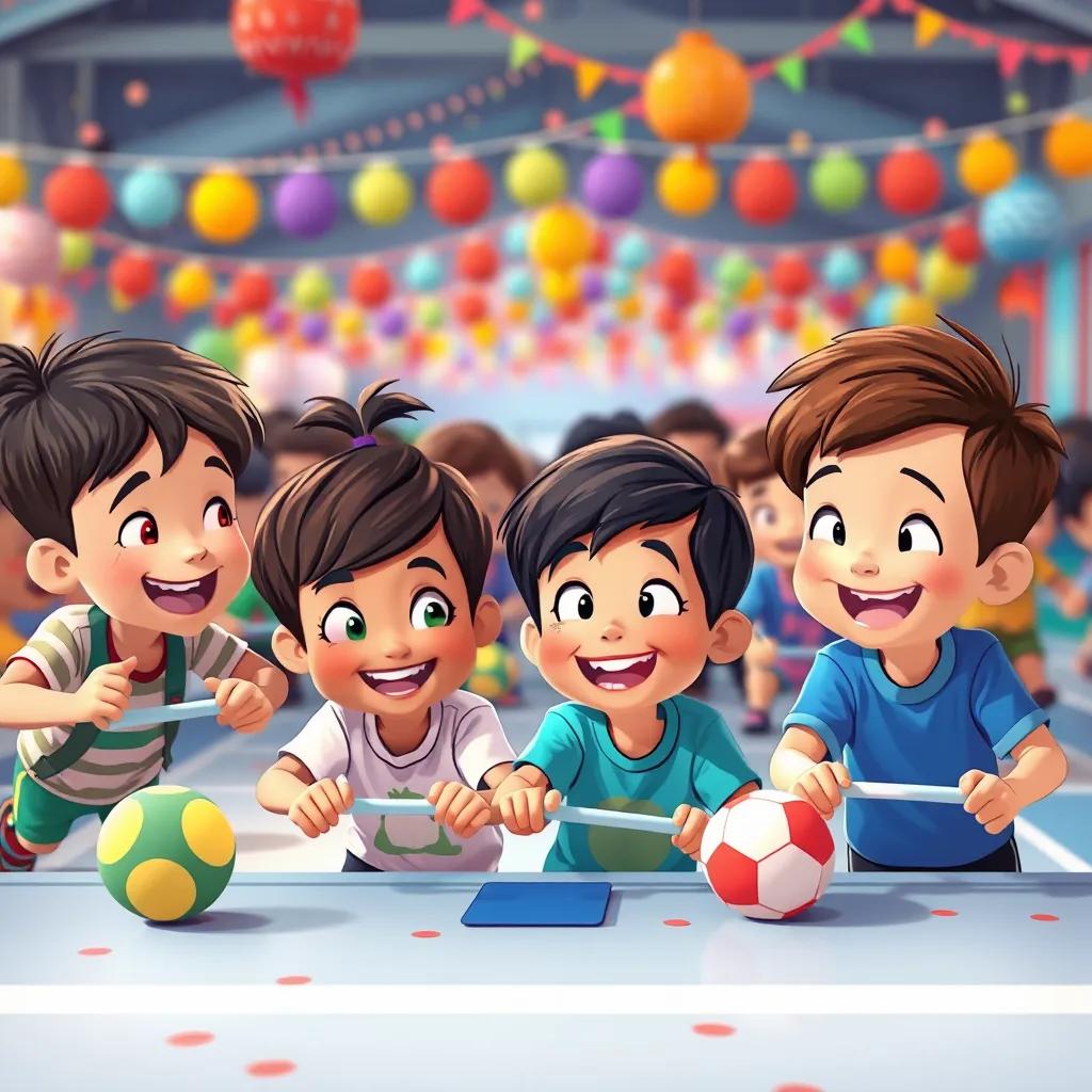 Children playing games and enjoying activities, competing in races with smiles on their faces, a lot of laughter around, colorful decorations in background, illustration, festive, vivid colors, joyful ambiance