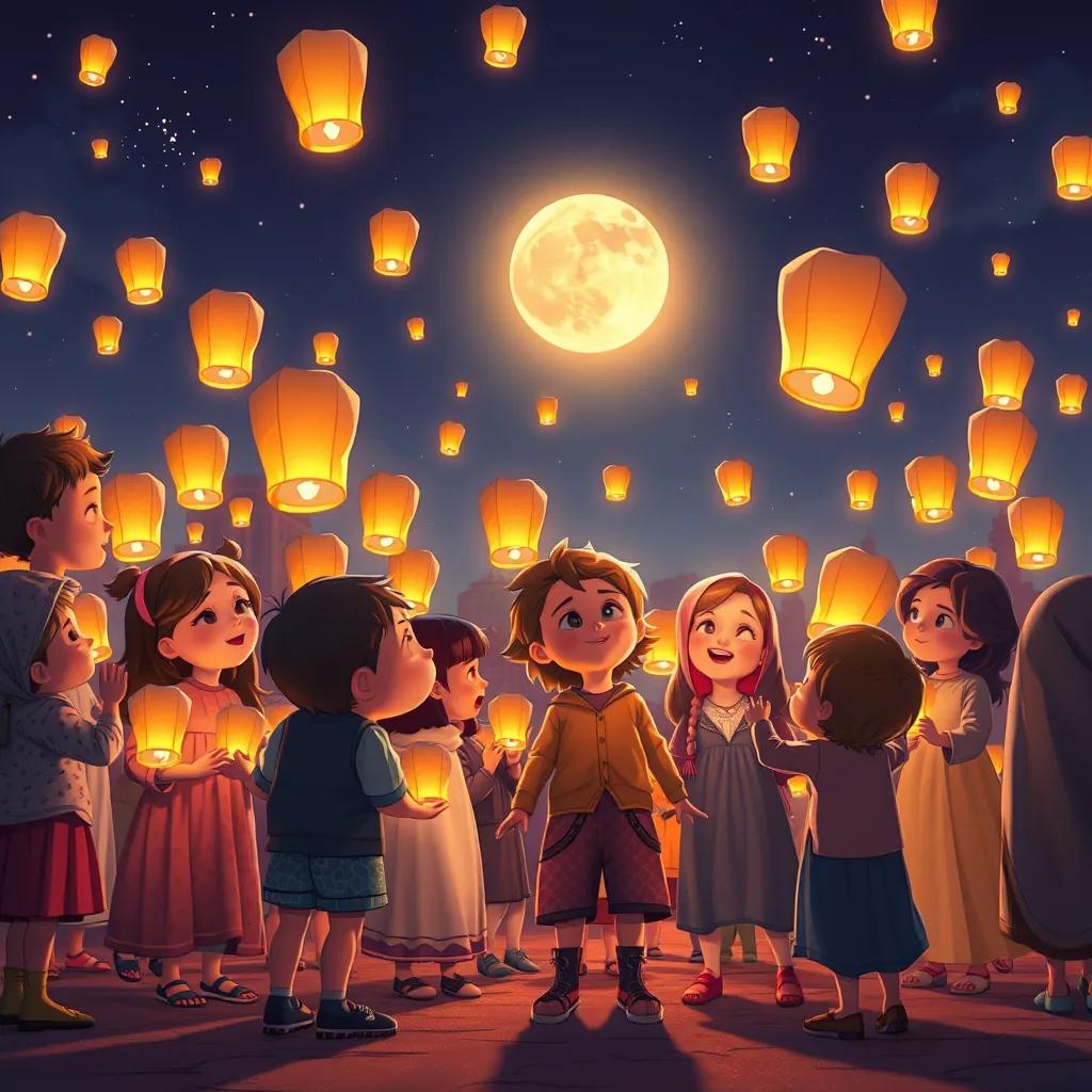 Kids gathering together, singing songs about the Prophet, holding hands, with lanterns soaring into the sky, bright moon shining, a beautiful night, digital art, warm and bright atmosphere, high quality
