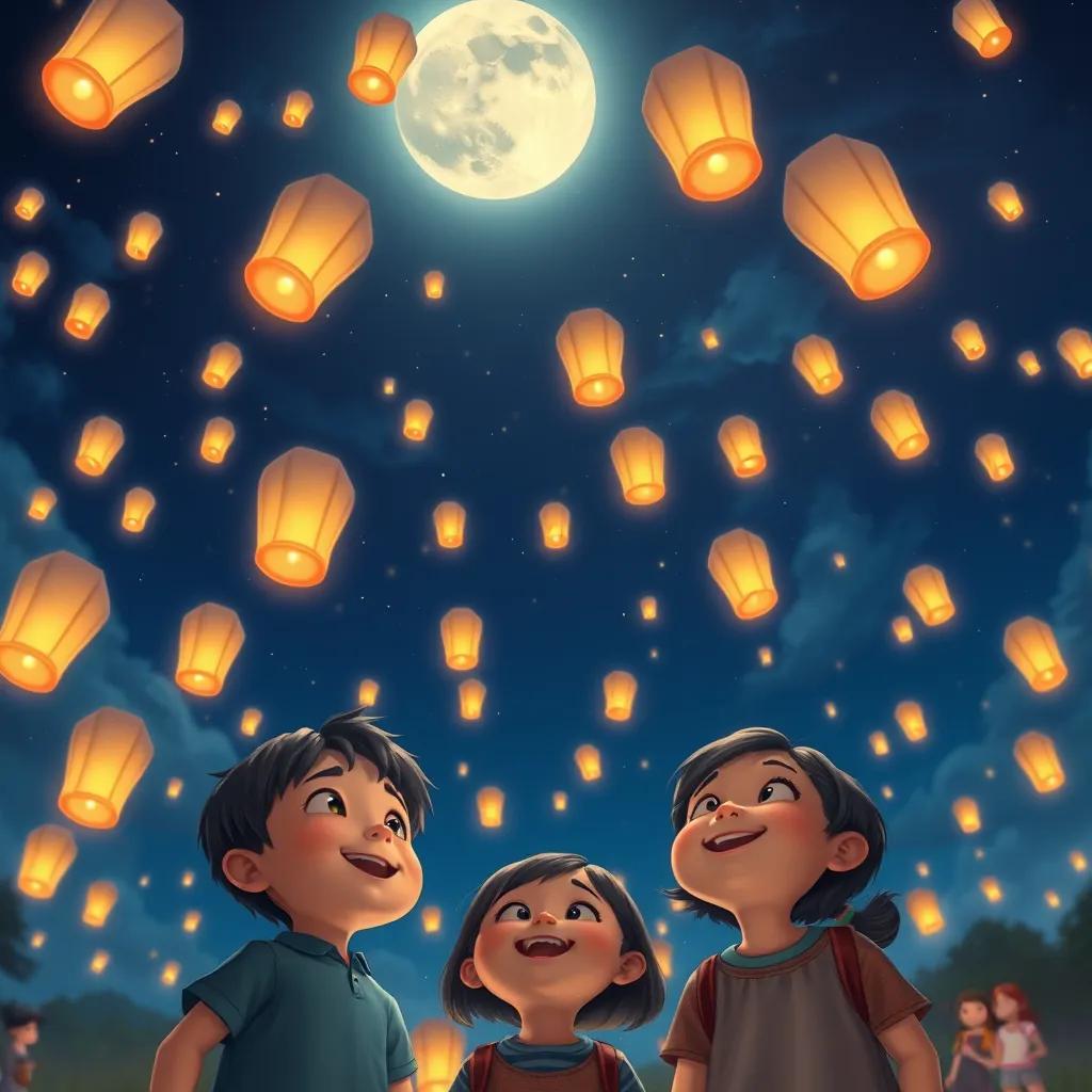 A serene night sky filled with lanterns and a bright moon, children looking up in awe, joyful expressions, symbolizing love and celebration, detailed, uplifting, heartwarming imagery