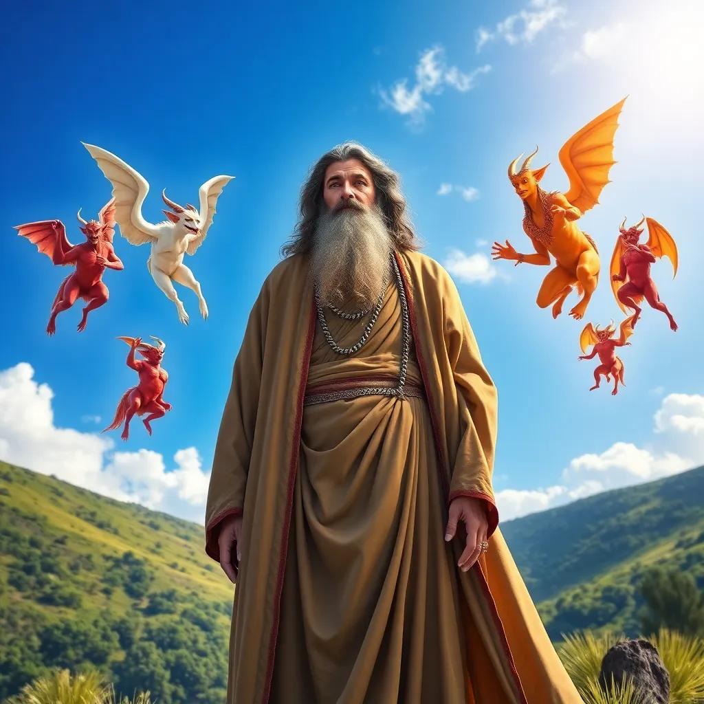 A wise prophet named Solomon, a Middle-Eastern man with a beard, dressed in a long robe, standing on a hill with bright blue skies and lush greenery, talking to various jinn appearing in different forms around him, digital art, vibrant colors, engaging atmosphere, high quality