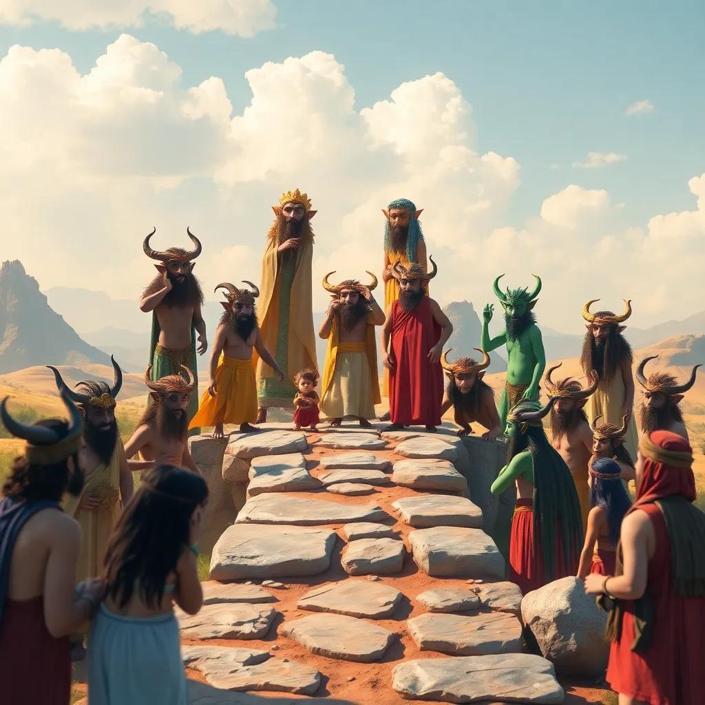 A gathering of jinn around Solomon, some tall, some short, with playful expressions, building a grand bridge with large stones, surrounded by a beautiful landscape, cheerful and inviting colors, storytelling scene, high quality
