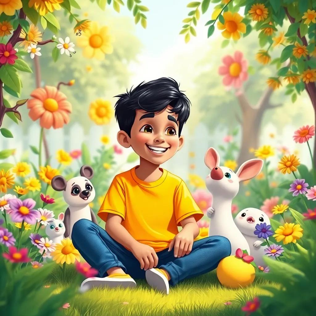 A young Arab boy, Ali, with short black hair wearing a bright t-shirt and jeans, sitting in a garden surrounded by colorful flowers and playful friends, smiling and talking animatedly, illustration, cheerful, vibrant colors, friendly atmosphere, high quality