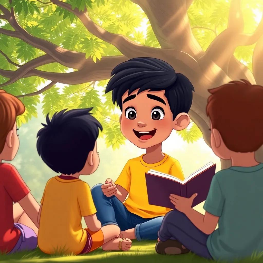 A young Arab boy, Ali, with short black hair wearing a bright t-shirt and jeans, animatedly telling a story to his friends sitting under a big green tree with sunlight filtering through the leaves, illustration, warm light, inviting atmosphere, high quality
