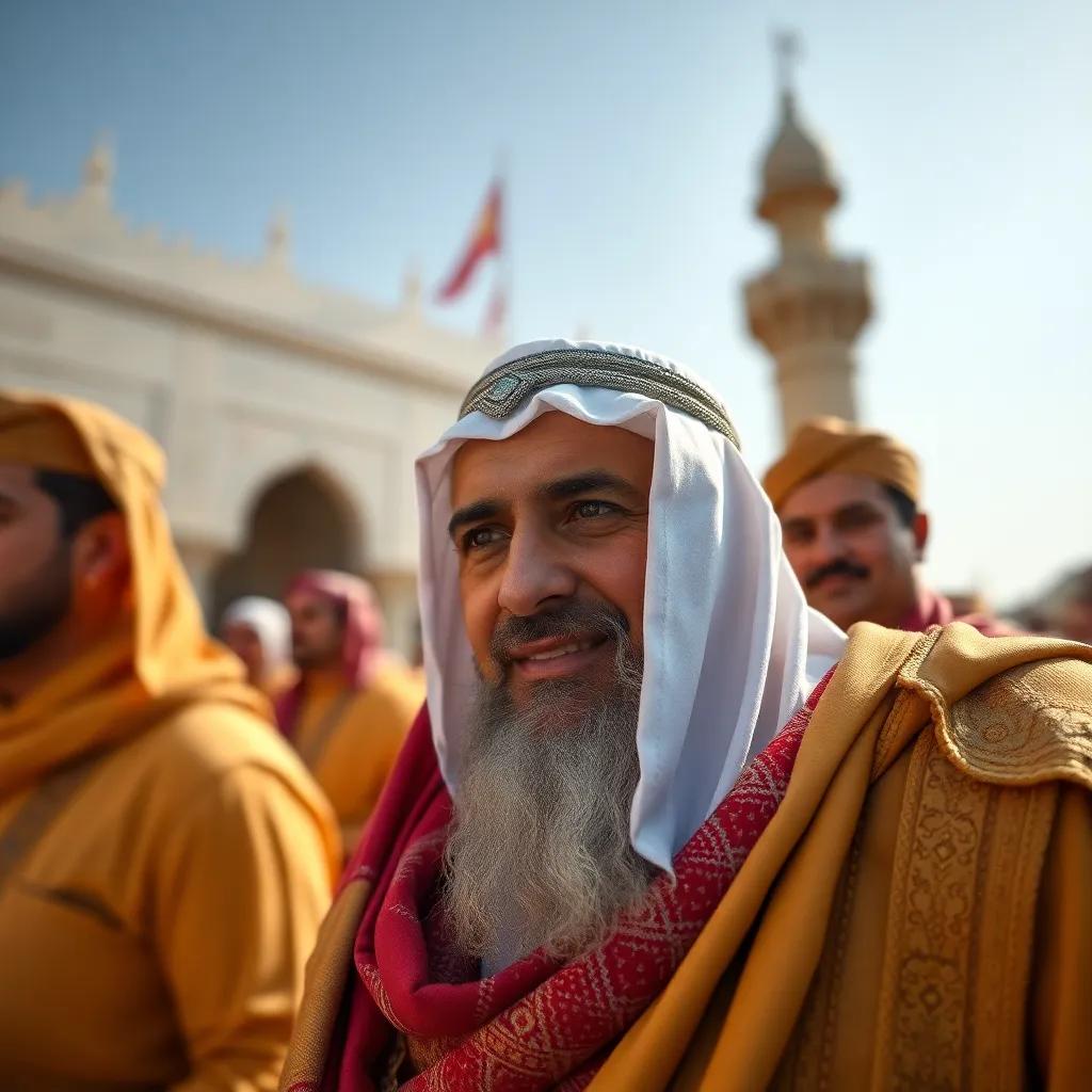 محمد يقف أمام مجموعة من الناس، يتحدث إليهم بحماس، الناس يبتسمون ويستمعون، أجواء سعيدة، فن رقمي، ألوان زاهية، جودة عالية
