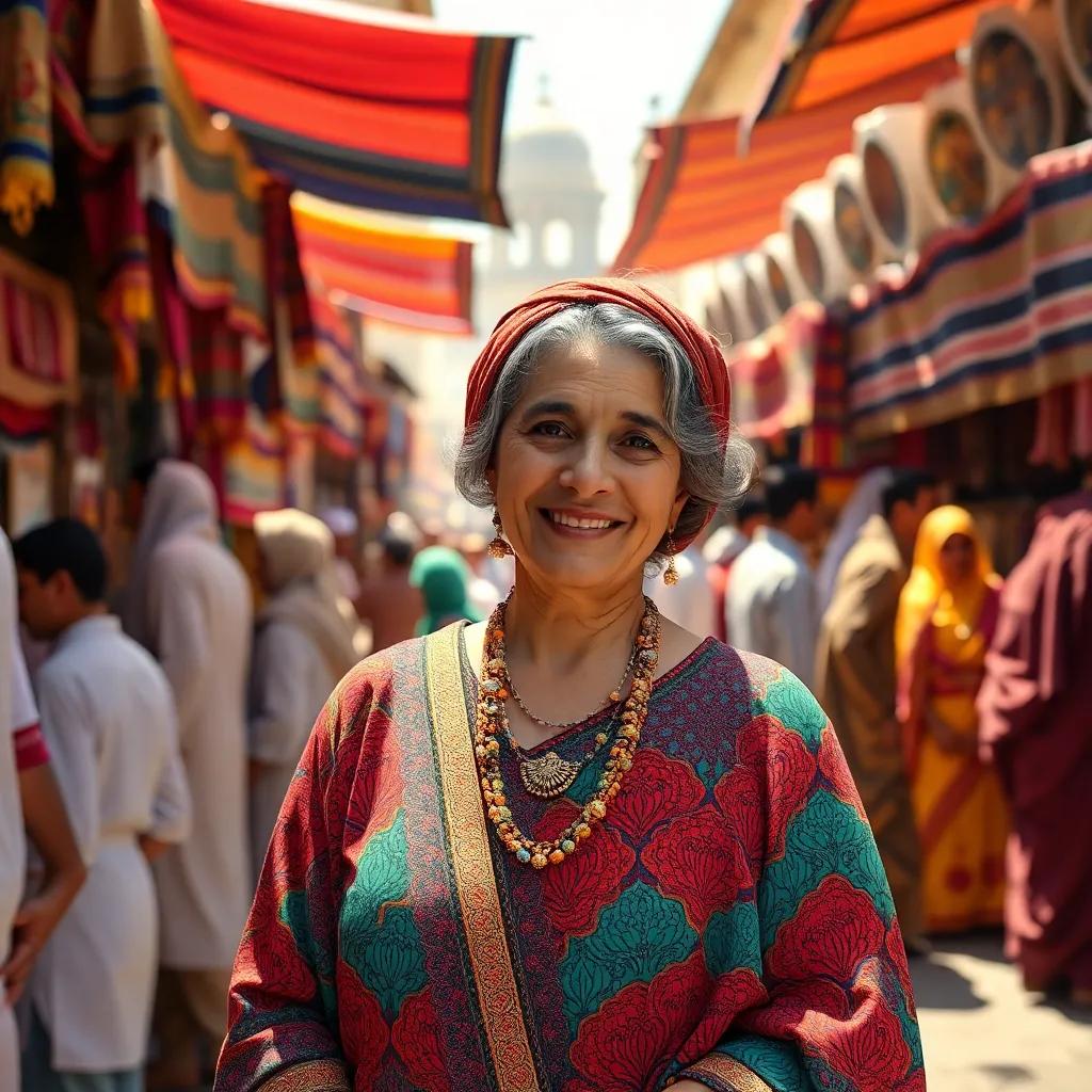 A sunny market scene in Mecca, showcasing traditional stalls, colorful fabrics, and lively vendors, with a crowd of Muslims gathered around. The character of Um Jamil, a middle-aged Arab woman, wearing a vibrant colorful dress and jewelry; she smiles confidently while speaking to her friends, presenting herself as proud and assertive, digital art, bright colors, lively atmosphere, high quality