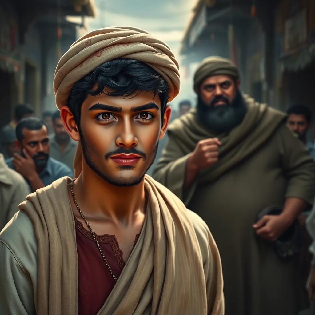 The Prophet Muhammad, a young Arab man with a kind face and gentle expression, calmly walks through the market amidst whispers of the crowd, not depicted explicitly. In the background, Abu Lahab, a stout man with an angry expression and traditional attire, stands with clenched fists and a furious look, digital paint, dramatic lighting, tension-filled atmosphere, high quality