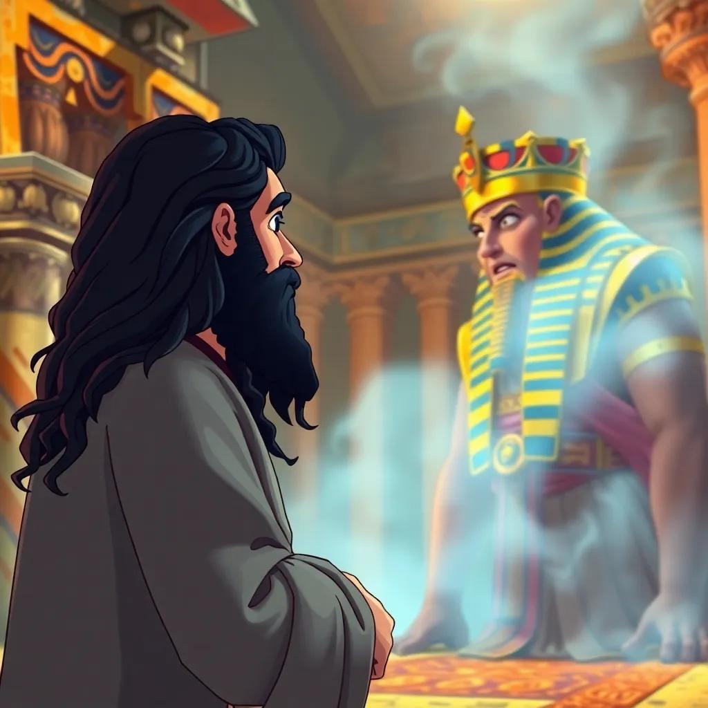 A scene of Moses, a wise Hebrew man with long wavy black hair, wearing a simple robe, facing Pharaoh, a strong Egyptian ruler with a crown, in an ancient palace, arguing passionately, digital art, historic, colorful, vibrant atmosphere, dynamic perspective, high quality