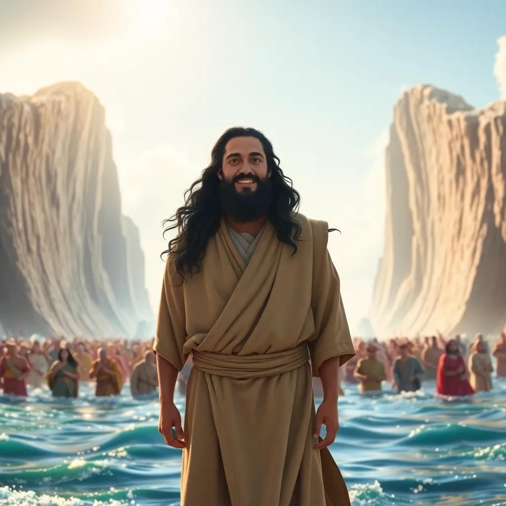 A triumphant scene of Moses, a wise Hebrew man with long wavy black hair, wearing a simple robe, standing before the parted Red Sea, with two towering walls of water, his people crossing safely, bright light, joyful, inspirational, cinematic view, high quality
