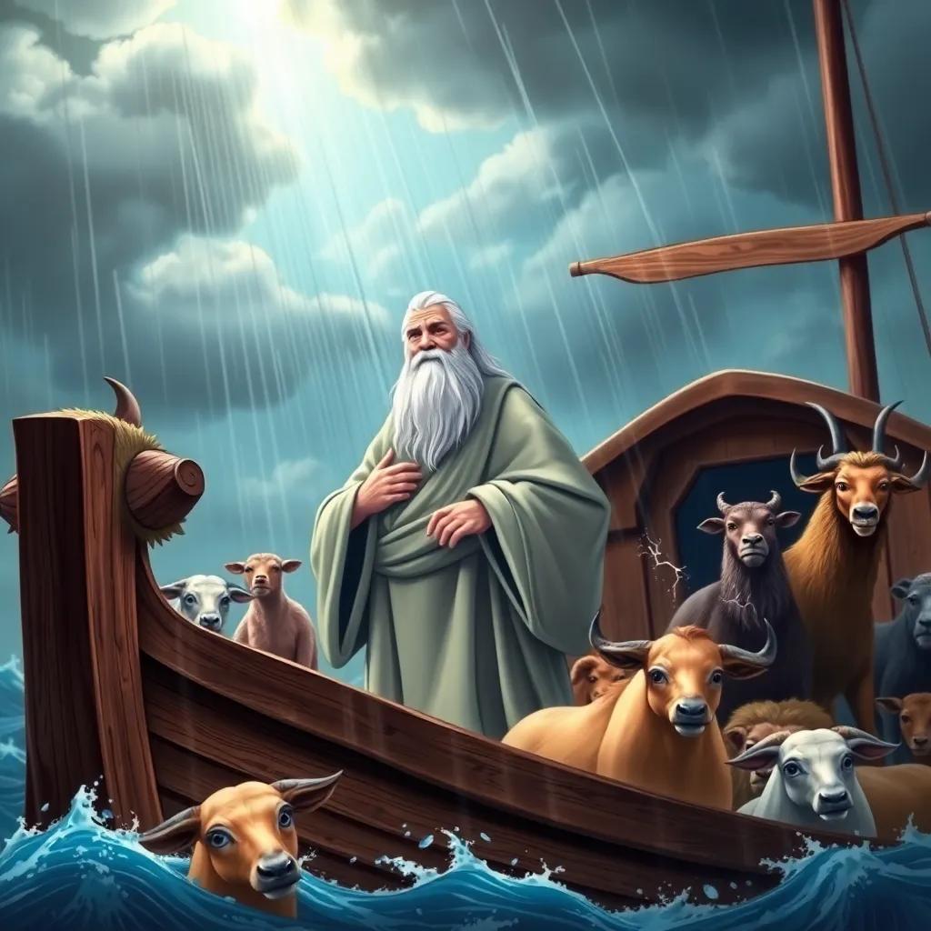 Noah, an old man with a long white beard in a simple robe, standing on a large wooden boat with rain pouring heavily, animals around him looking worried, dramatic clouds above, illustration, vibrant colors, tense atmosphere, high quality