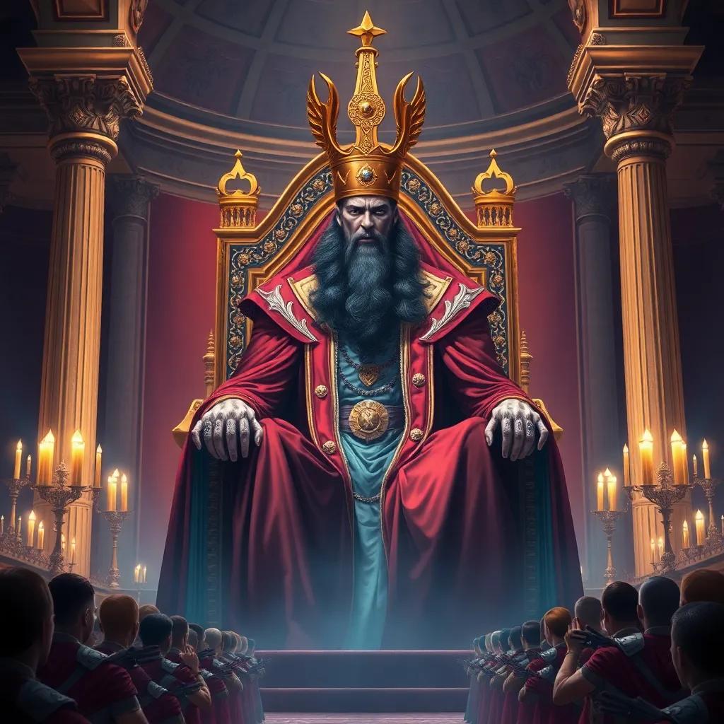 A tall, powerful king, Nimrod, with a gold crown and royal robe, sitting on a majestic throne in a grand palace, surrounded by fear-stricken subjects, digital art, rich colors, imposing and dramatic atmosphere, highly detailed