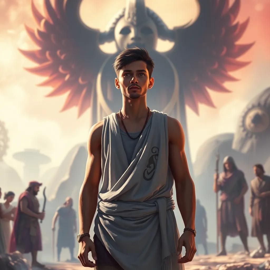 A determined young man, Ibrahim, standing boldly in front of Nimrod, dressed in simple clothes, speaking with confidence, atmosphere intense, contrast of power and belief, digital painting, bright and hopeful