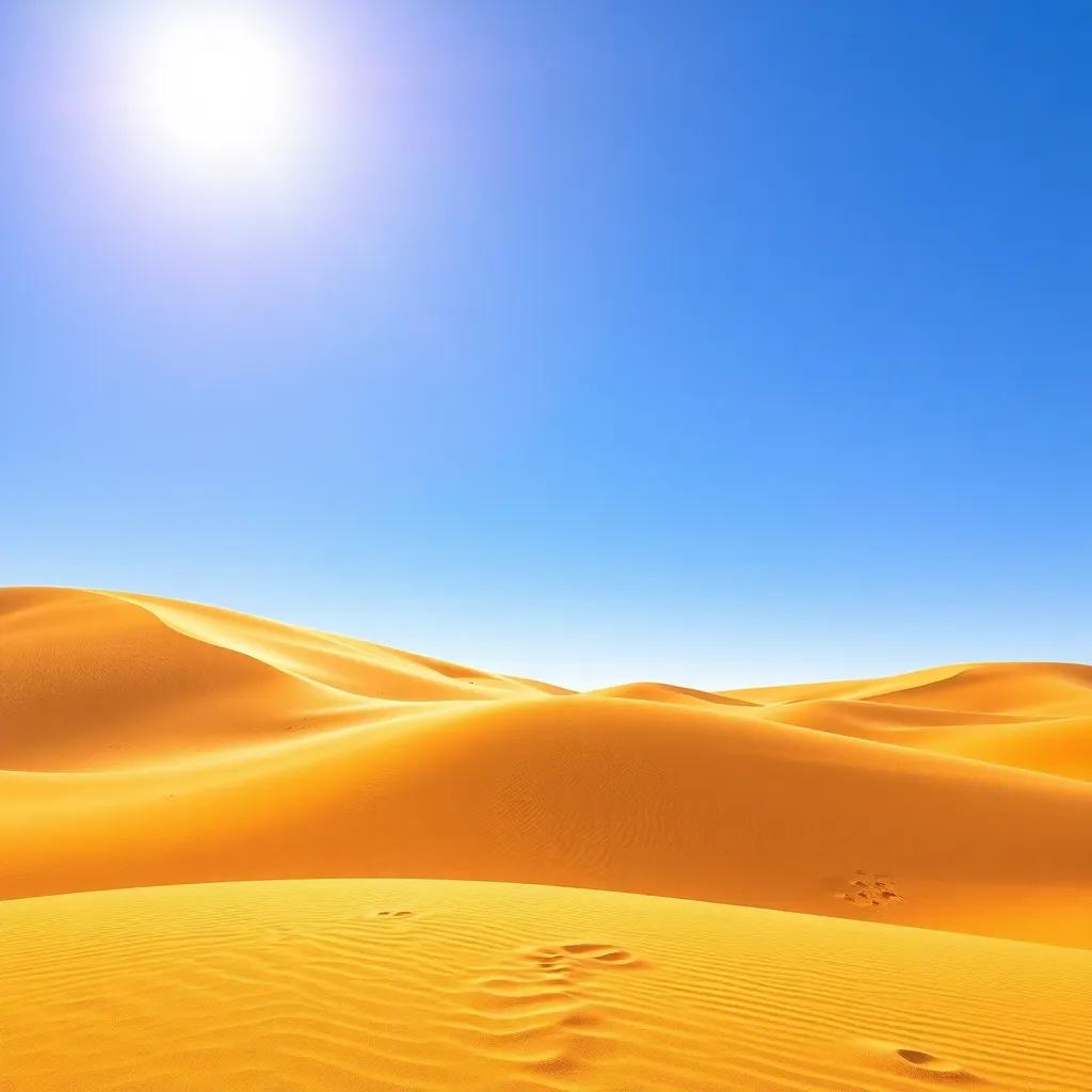 A beautiful Arabian desert with golden sand dunes and a clear blue sky, showing the sunlight shining down, digital art, vibrant and warm colors, inviting atmosphere, high quality