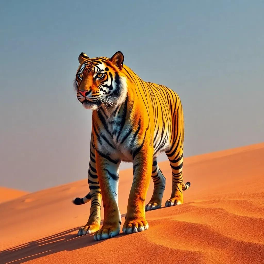 A brave Arabian tiger, Nuwar, standing proudly on a sand dune, with bright orange fur and dark stripes, in a majestic pose, digital art, colorful scene, bright light, high quality