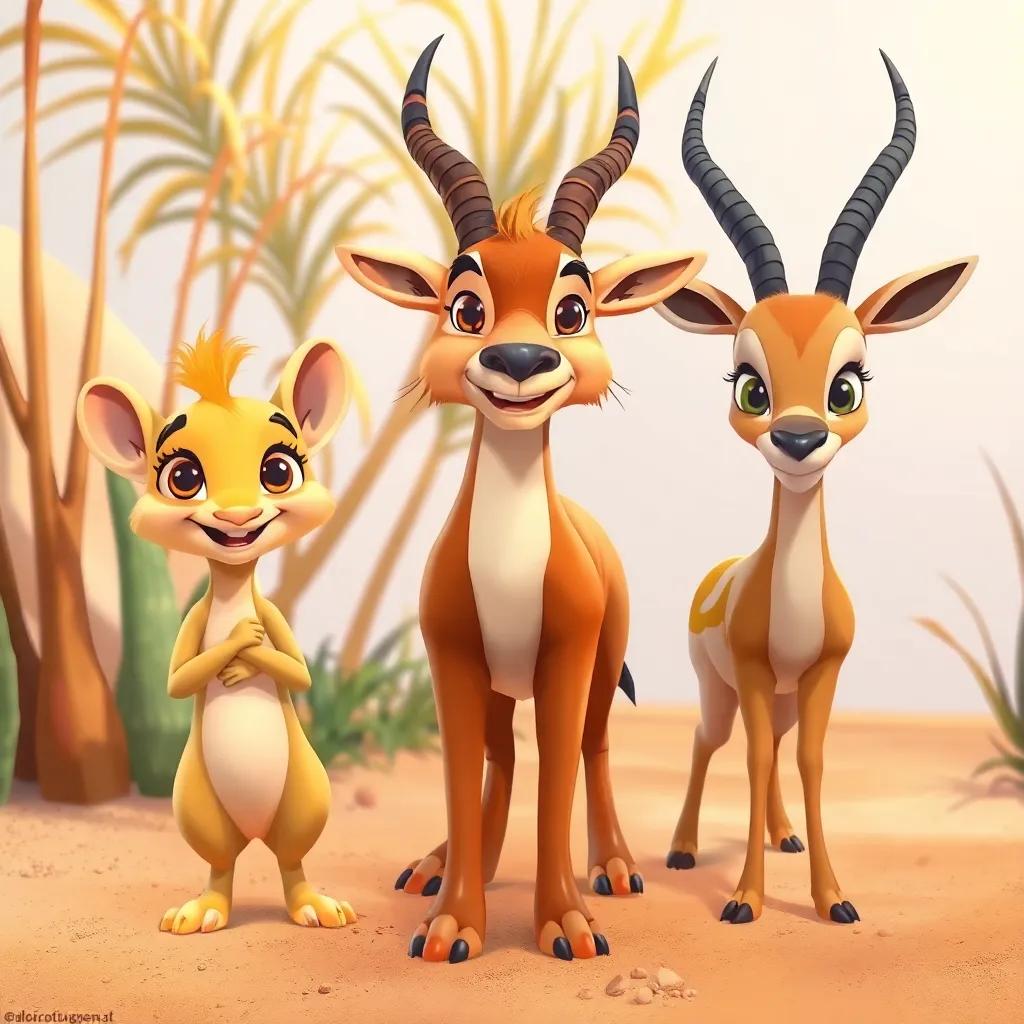 A group of friends including a playful jerboa named Sunoor and a wise gazelle named Dima, all looking determined, amidst desert plants and sandy floor, illustration, cheerful, adventure-themed, child-friendly