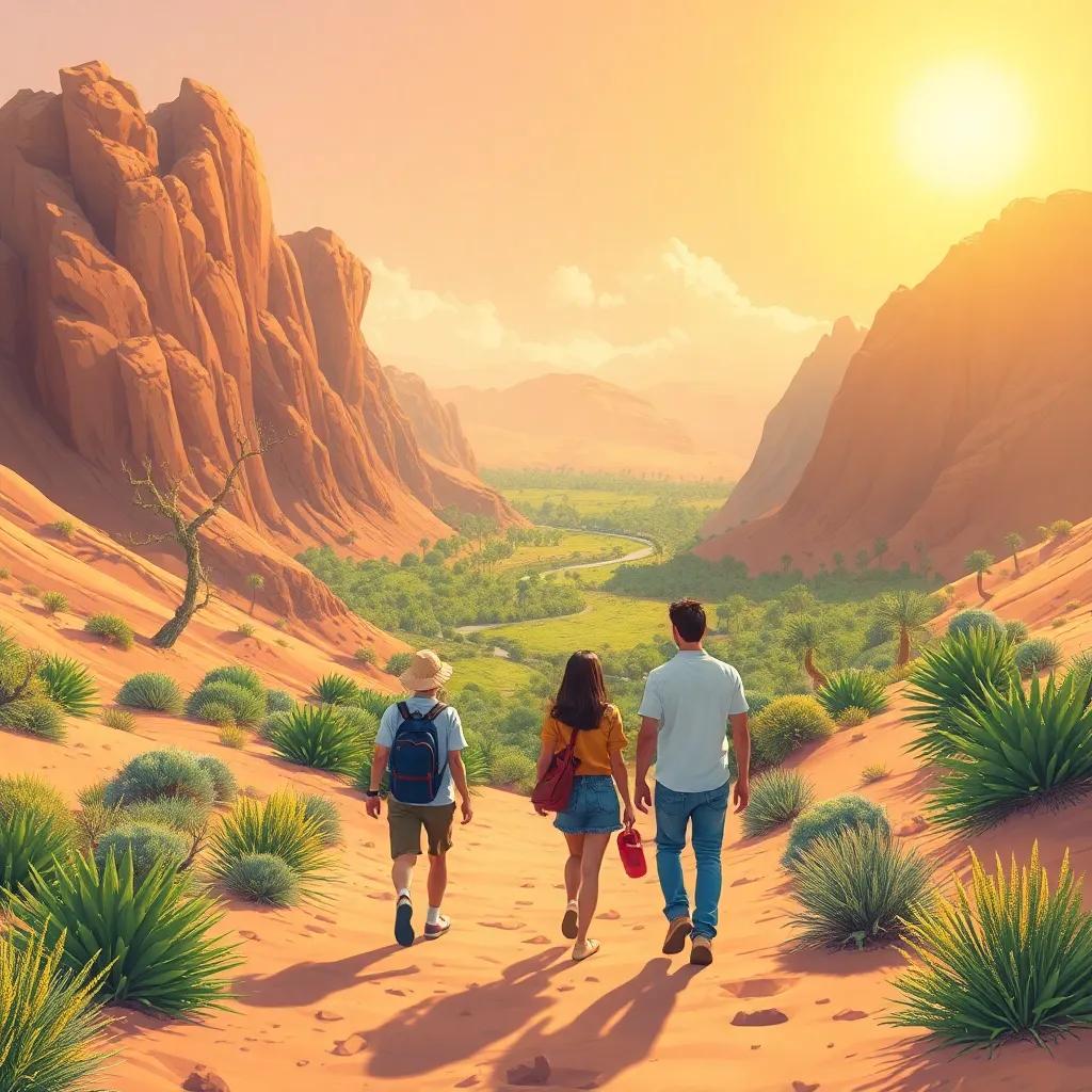 The friends walking together in the desert towards a green valley filled with plants and trees, under the warm sun, illustration, bright colors, friendly vibe, high quality