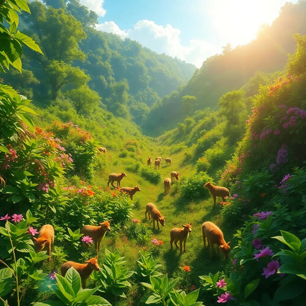 A lush green valley filled with plants, small animals grazing and chirping, with sunshine sparkling, digital painting, vibrant, joyful atmosphere, high quality