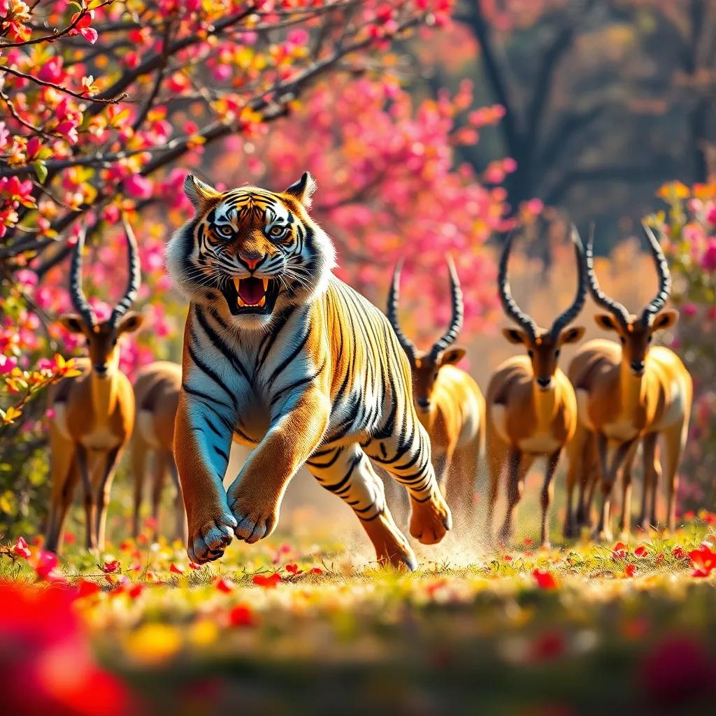 Nuwar the tiger playfully chasing after a group of beautiful gazelles, their fur shining in the sunlight, amidst colorful blossoms, digital art, bright colors, lively scene, high quality