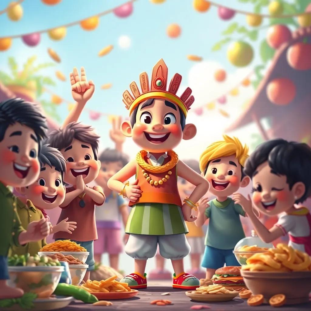 Nuwar standing proudly, surrounded by his friends, all celebrating their victory with plenty of food, joyful expressions, colorful and vibrant environment, digital art, child-friendly, high quality